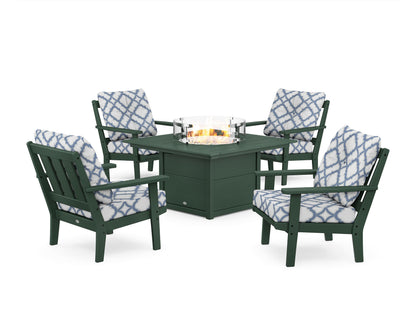 POLYWOOD® Oxford 5-Piece Deep Seating Set with Fire Pit Table in Green / Trellis Sky Blue