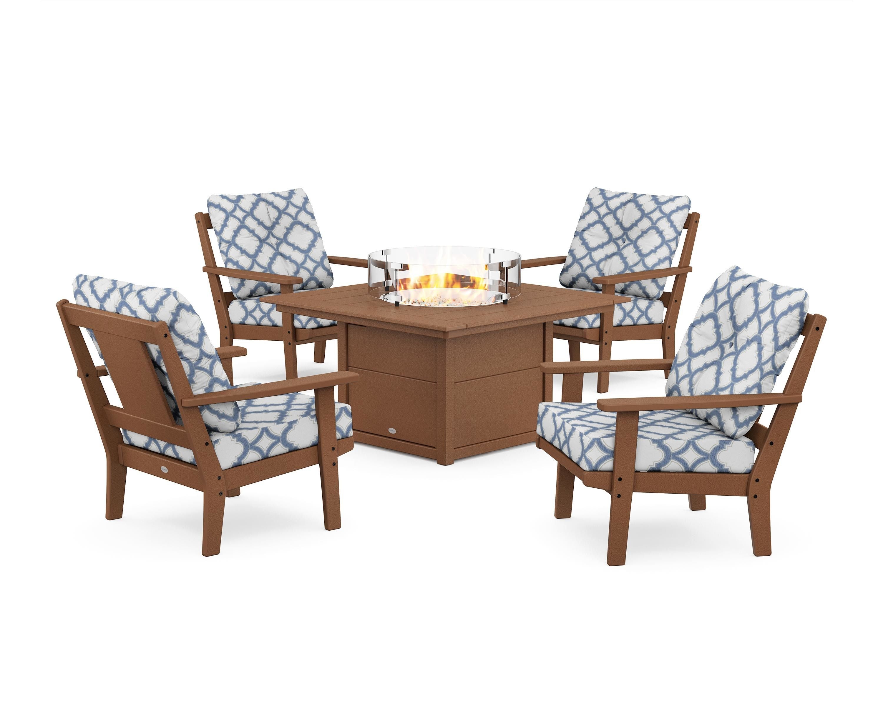 POLYWOOD® Prairie 5-Piece Deep Seating Set with Fire Pit Table in Teak / Trellis Sky Blue