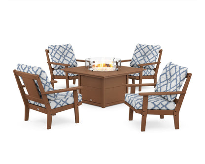 POLYWOOD® Prairie 5-Piece Deep Seating Set with Fire Pit Table in Teak / Trellis Sky Blue
