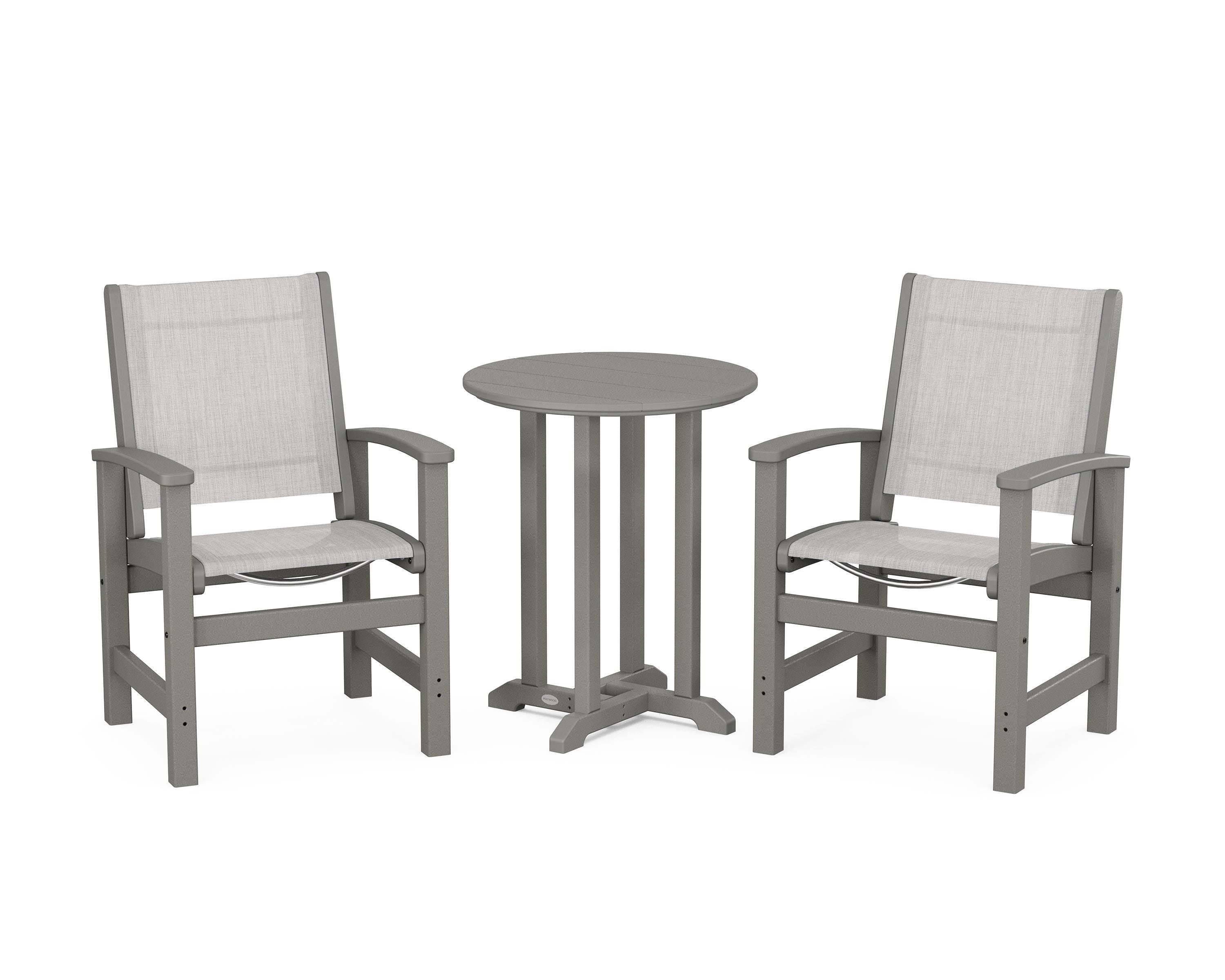 POLYWOOD® Coastal 3-Piece Round Bistro Dining Set in Slate Grey / Parchment Sling