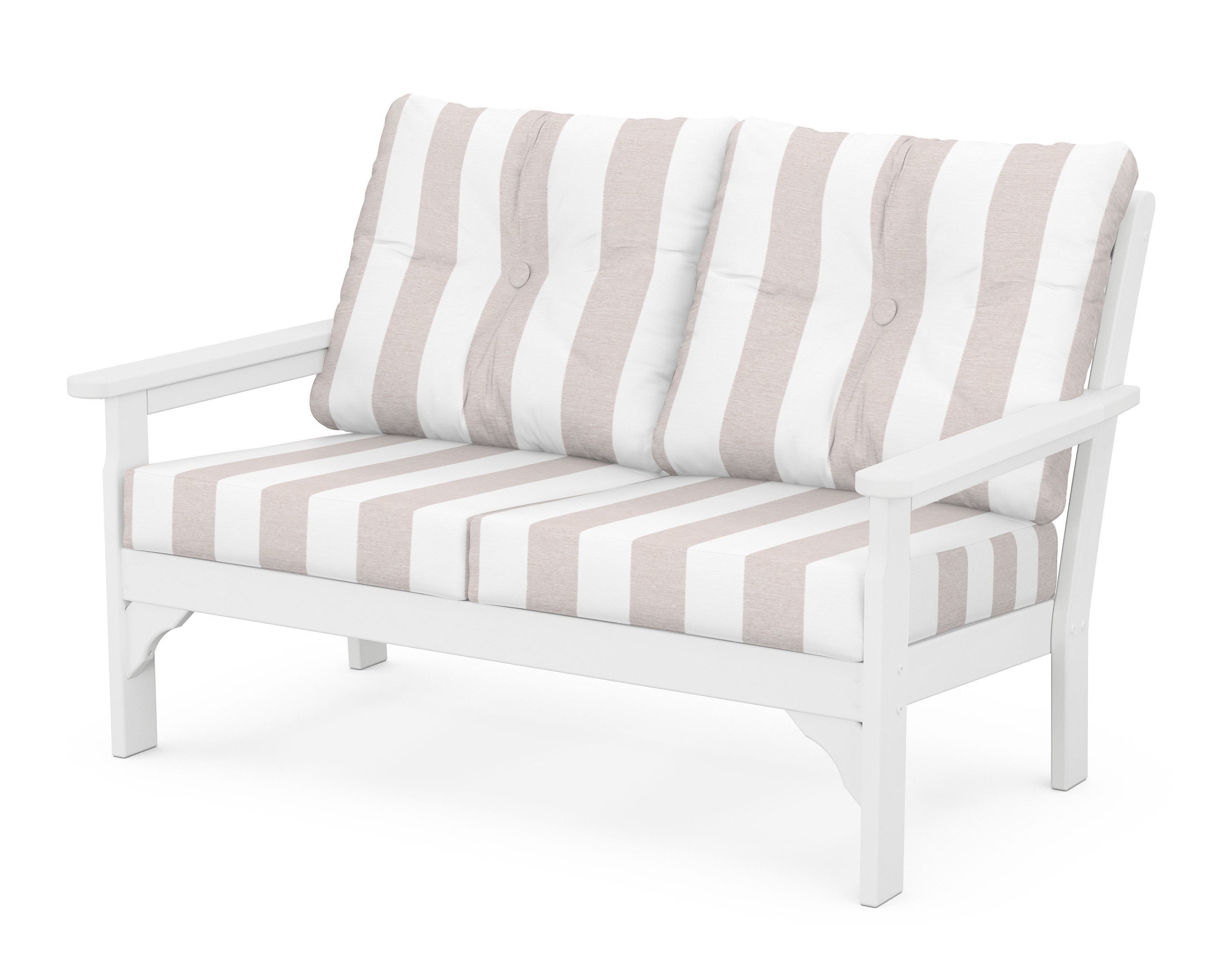 POLYWOOD® Vineyard Deep Seating Loveseat in White / Cabana Stripe Dune Burlap