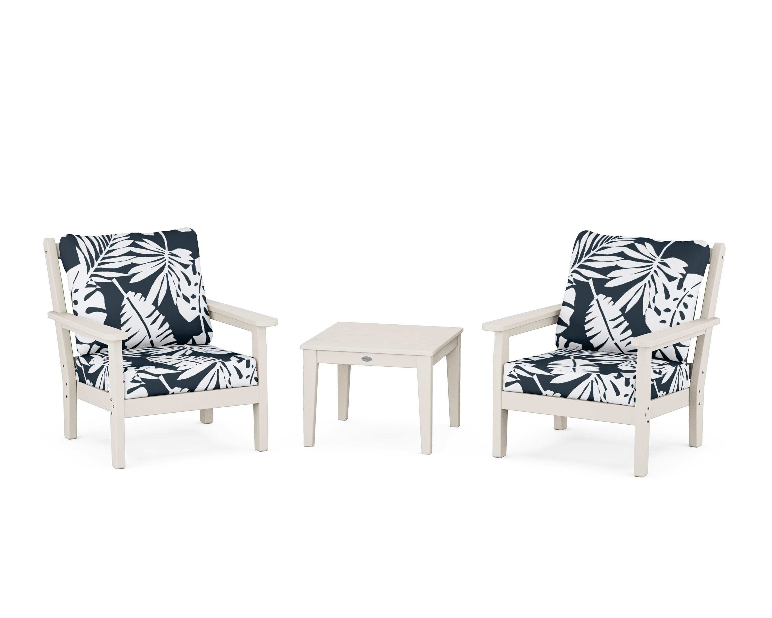 POLYWOOD® Chippendale 3-Piece Deep Seating Set in Sand / Leaf Marine Indigo