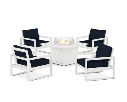 POLYWOOD® EDGE Sectional 5-Piece Deep Seating Set with Fire Pit Table in White / Marine Indigo