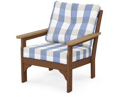 POLYWOOD® Vineyard Deep Seating Chair in Teak / Natural / Buffalo Plaid Sky Blue