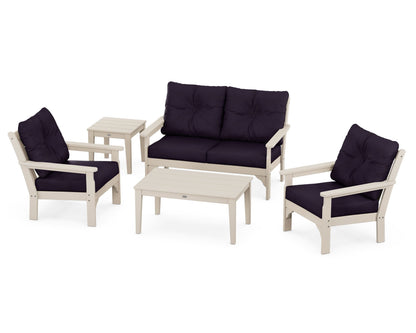 POLYWOOD® Vineyard 5-Piece Deep Seating Set in Sand / Navy Linen