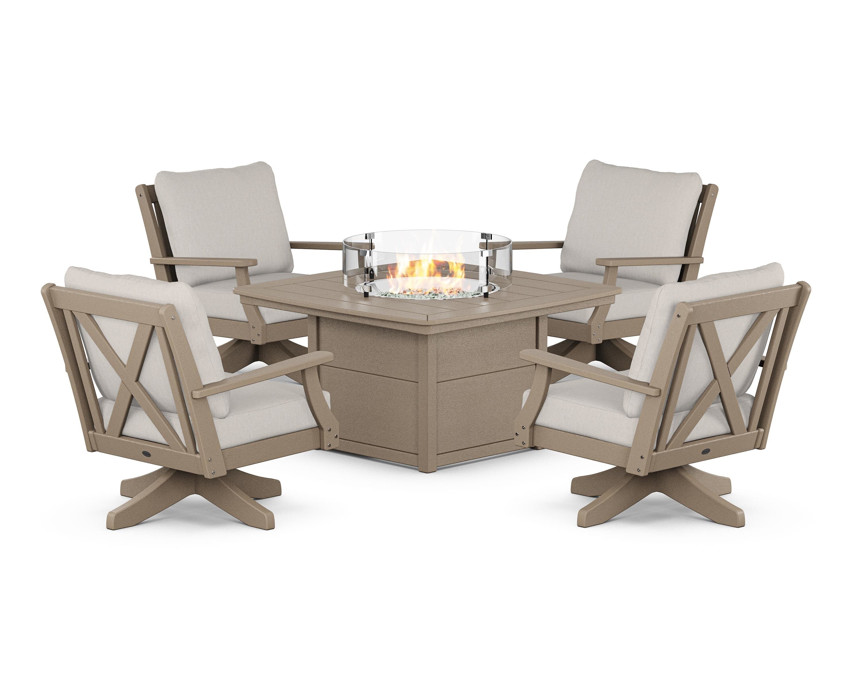 POLYWOOD® Braxton 5-Piece Deep Seating Swivel Conversation Set with Fire Pit Table in Vintage Sahara / Cast Ash