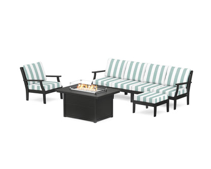 POLYWOOD® Braxton Sectional Lounge and Fire Pit Set in Black / Cabana Stripe Glacier Spa