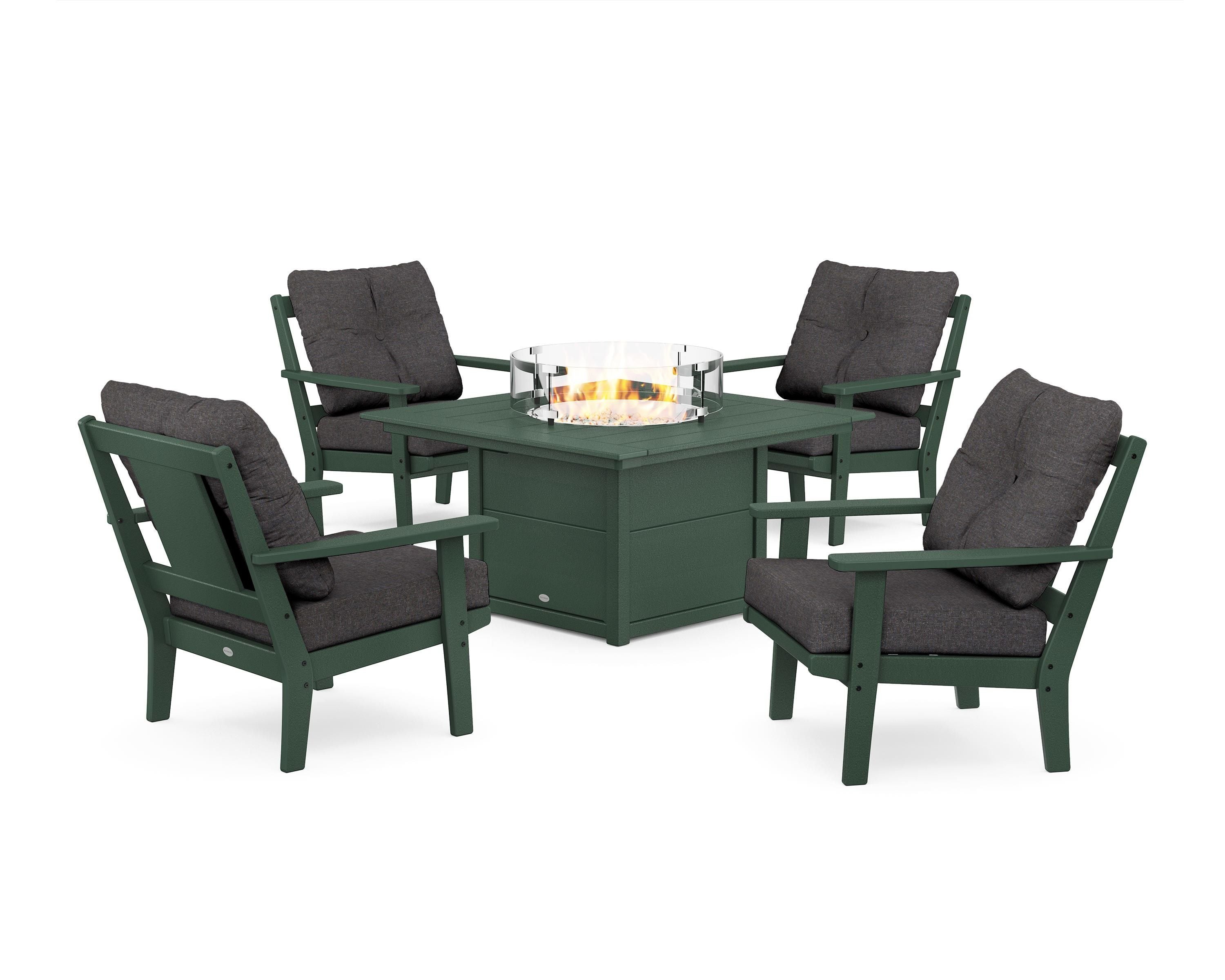 POLYWOOD® Prairie 5-Piece Deep Seating Set with Fire Pit Table in Green / Ash Charcoal