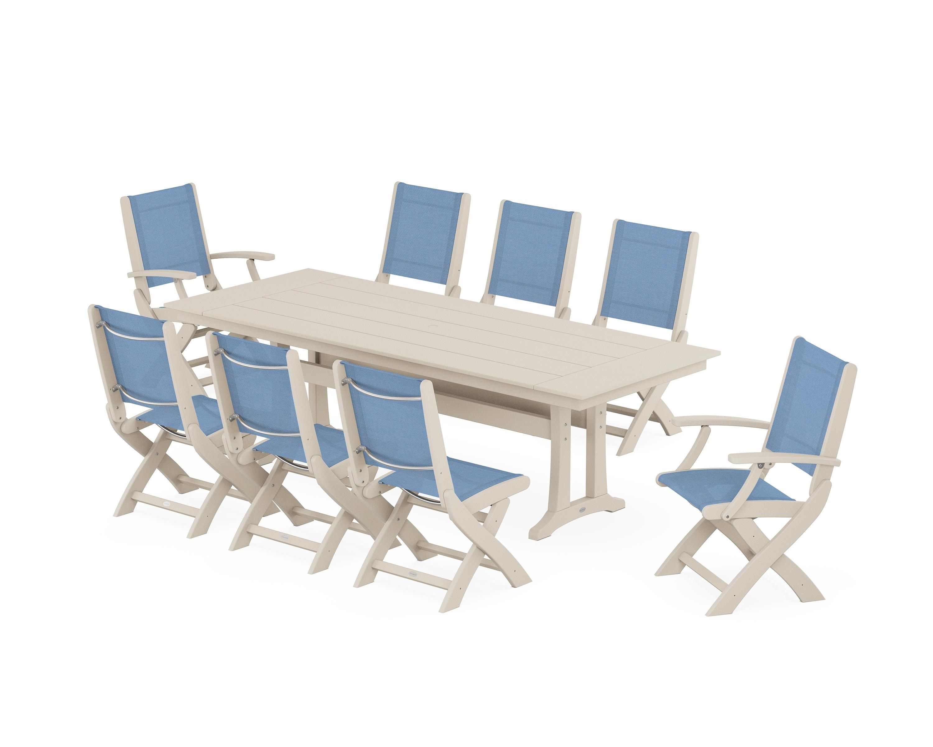 POLYWOOD® Coastal 9-Piece Folding Dining Chair Farmhouse Dining Set with Trestle Legs in Sand / Poolside Sling