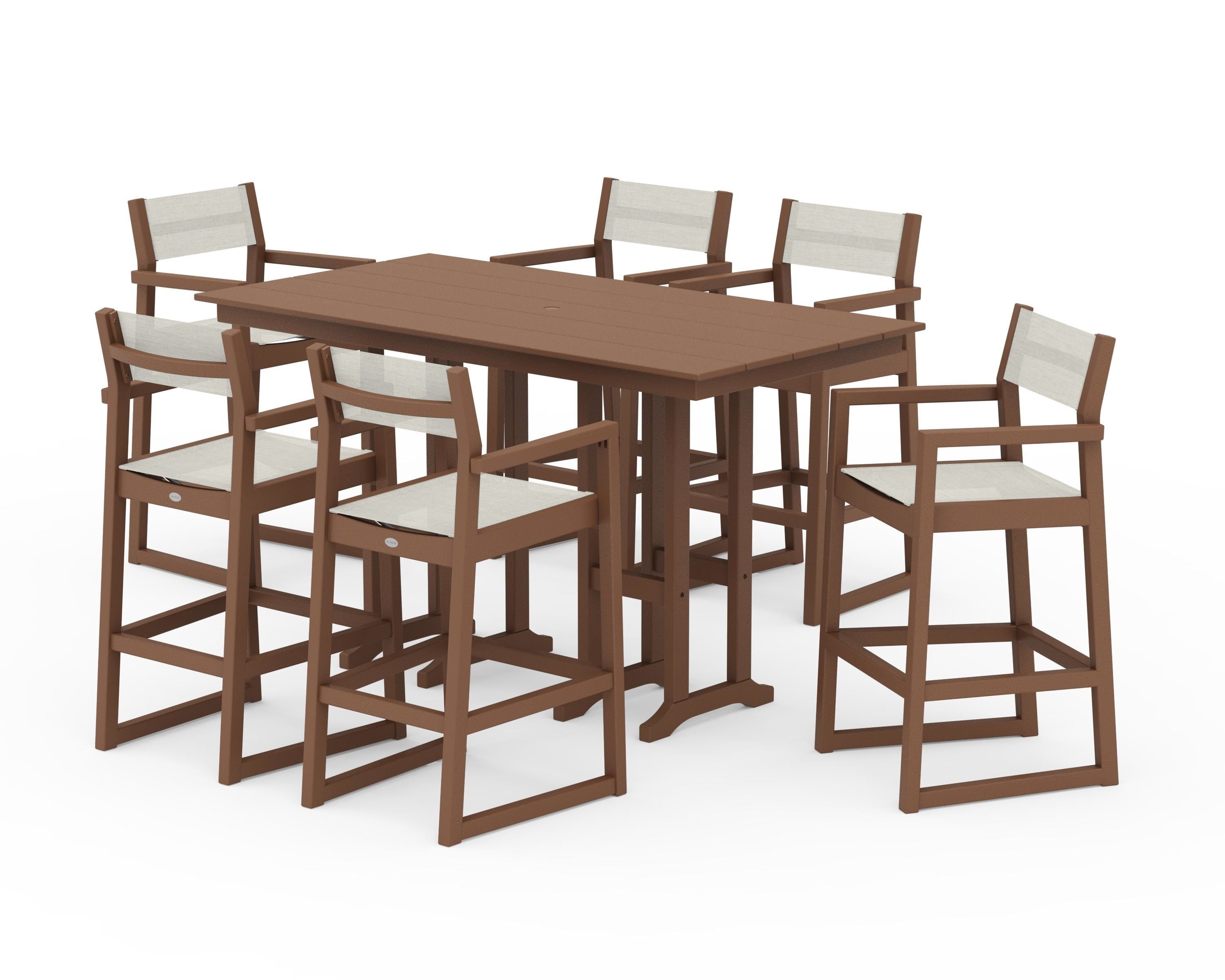 POLYWOOD® EDGE Sling Arm Chair 7-Piece Farmhouse Bar Set in Teak / Parchment Sling
