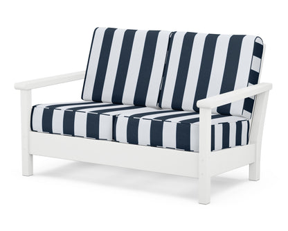 POLYWOOD® Harbour Deep Seating Loveseat in White / Cabana Stripe Marine Indigo