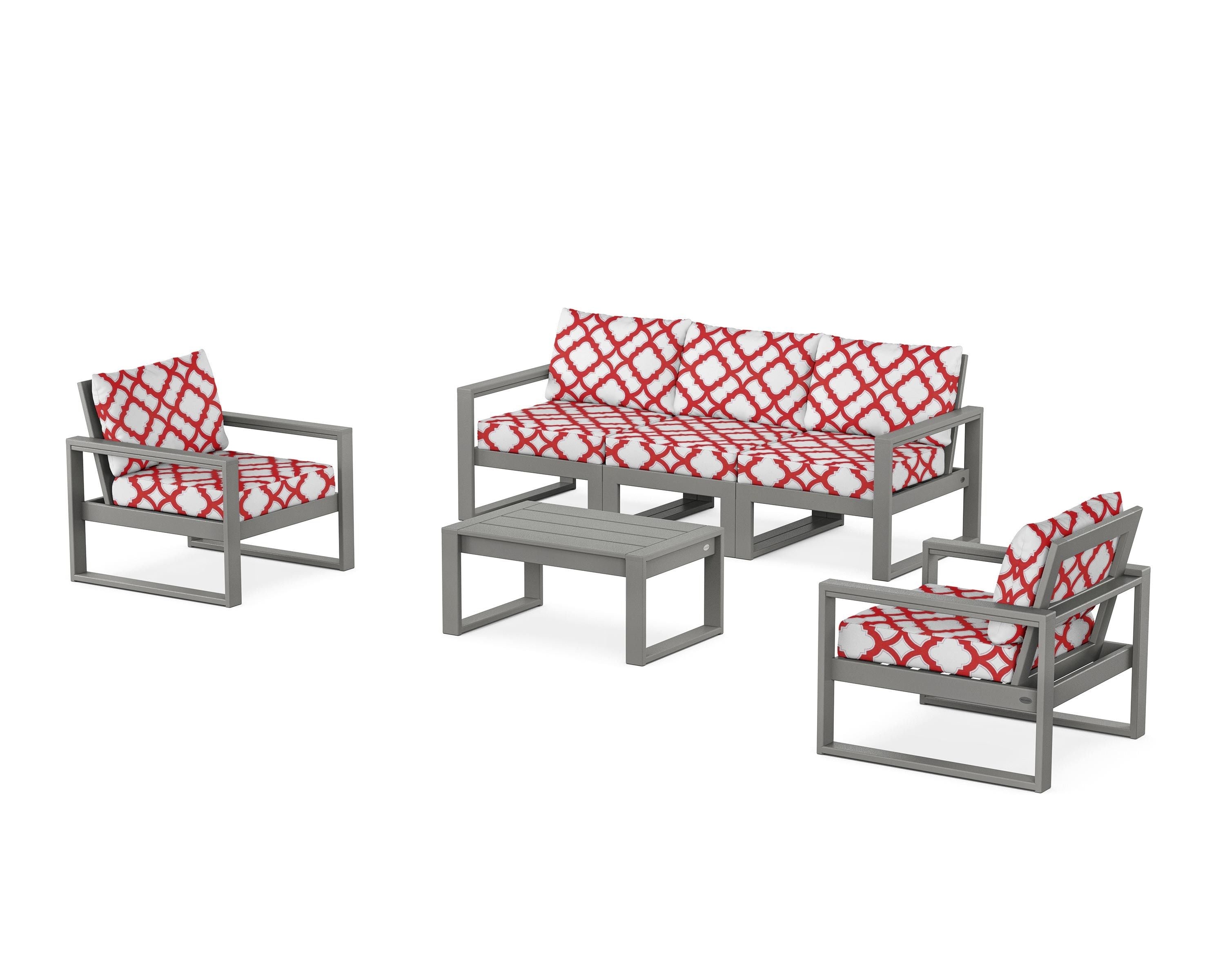 POLYWOOD® EDGE Sectional 4-Piece Deep Seating Set with Sofa in Slate Grey / Trellis Crimson