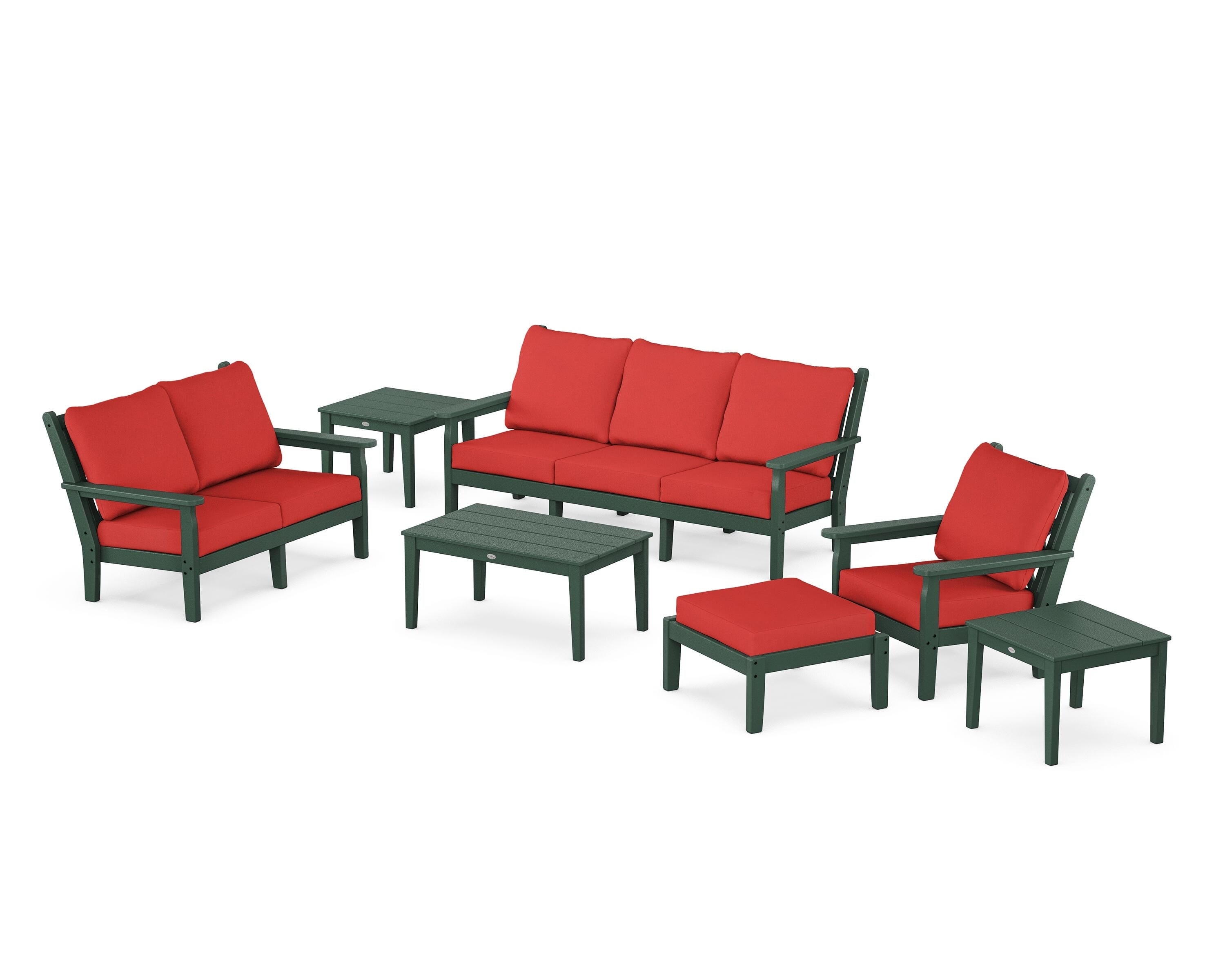 POLYWOOD® Chippendale 7-Piece Deep Seating Set in Green / Crimson Linen