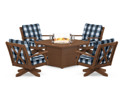 POLYWOOD® Braxton 5-Piece Deep Seating Swivel Conversation Set with Fire Pit Table in Teak / Buffalo Plaid Marine Indigo