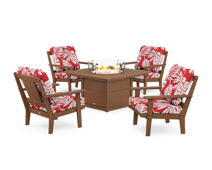 POLYWOOD® Prairie 5-Piece Deep Seating Set with Fire Pit Table in Teak / Leaf Crimson