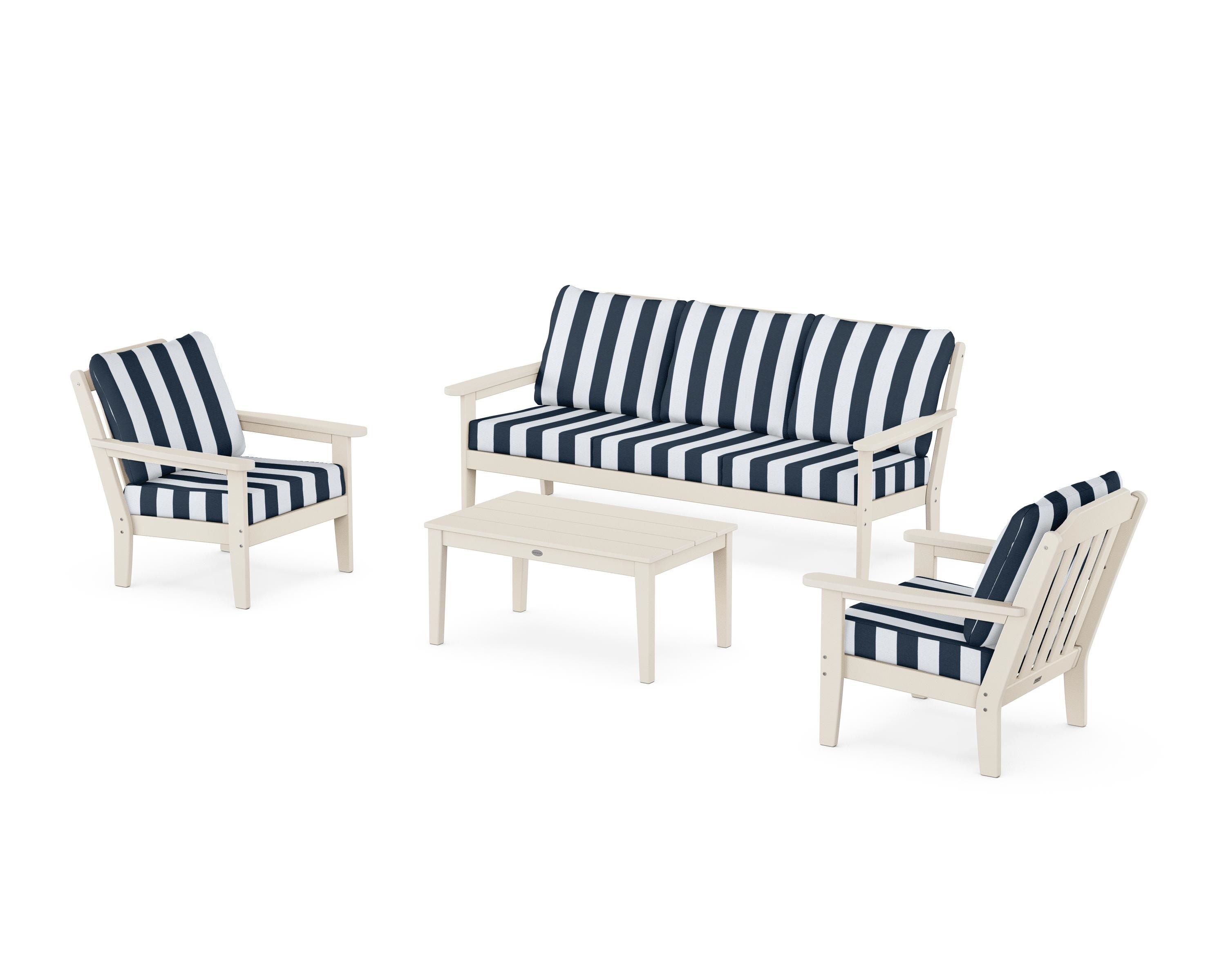 Country Living Cottage 4-Piece Deep Seating Set with Sofa in Sand / Cabana Stripe Marine Indigo