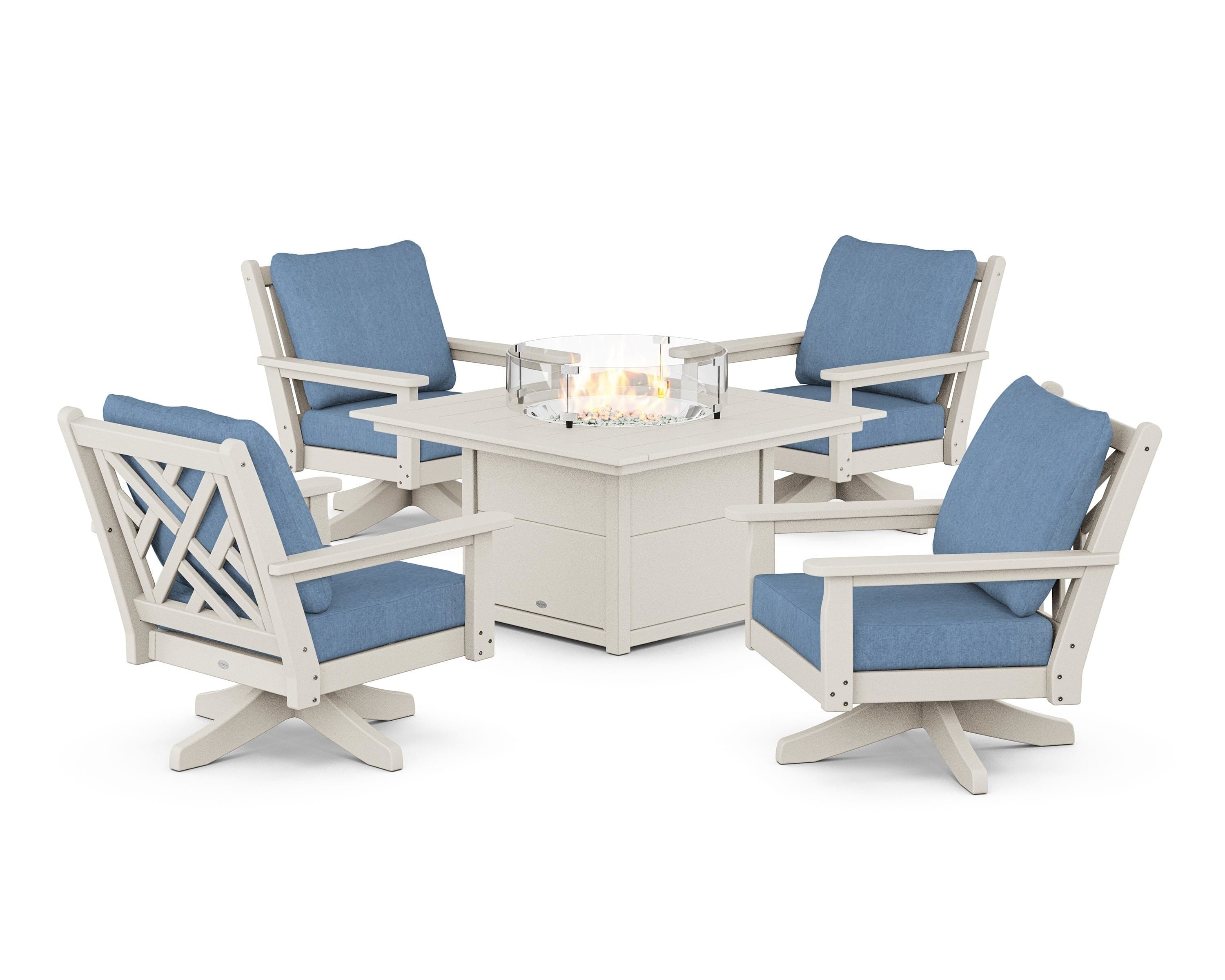 POLYWOOD® Chippendale 5-Piece Deep Seating Swivel Conversation Set with Fire Pit Table in Sand / Sky Blue