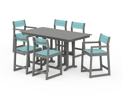 POLYWOOD® EDGE Sling 7-Piece Farmhouse Counter Set in Slate Grey / Dupioni Aquamarine Sling