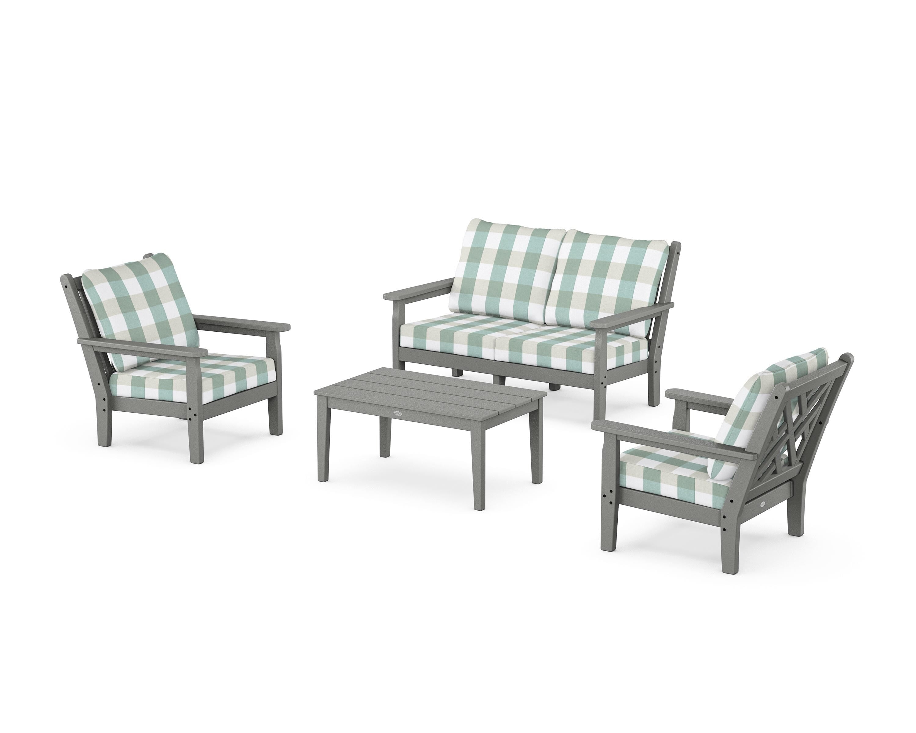POLYWOOD® Chippendale 4-Piece Deep Seating Set with Loveseat in Slate Grey / Buffalo Plaid Glacier Spa