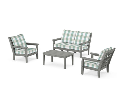 POLYWOOD® Chippendale 4-Piece Deep Seating Set with Loveseat in Slate Grey / Buffalo Plaid Glacier Spa