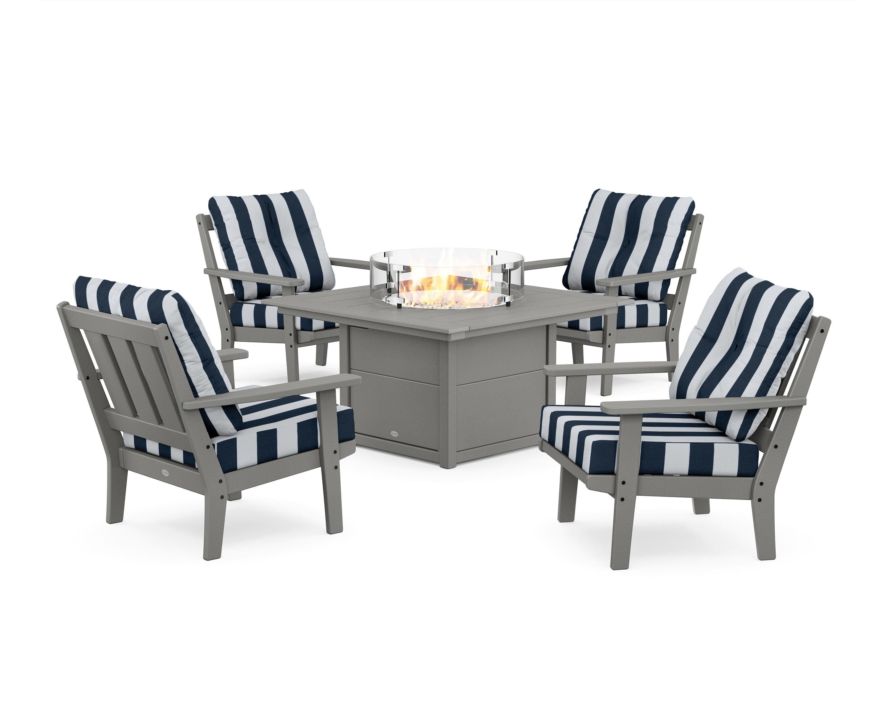 POLYWOOD® Oxford 5-Piece Deep Seating Set with Fire Pit Table in Slate Grey / Cabana Stripe Marine Indigo