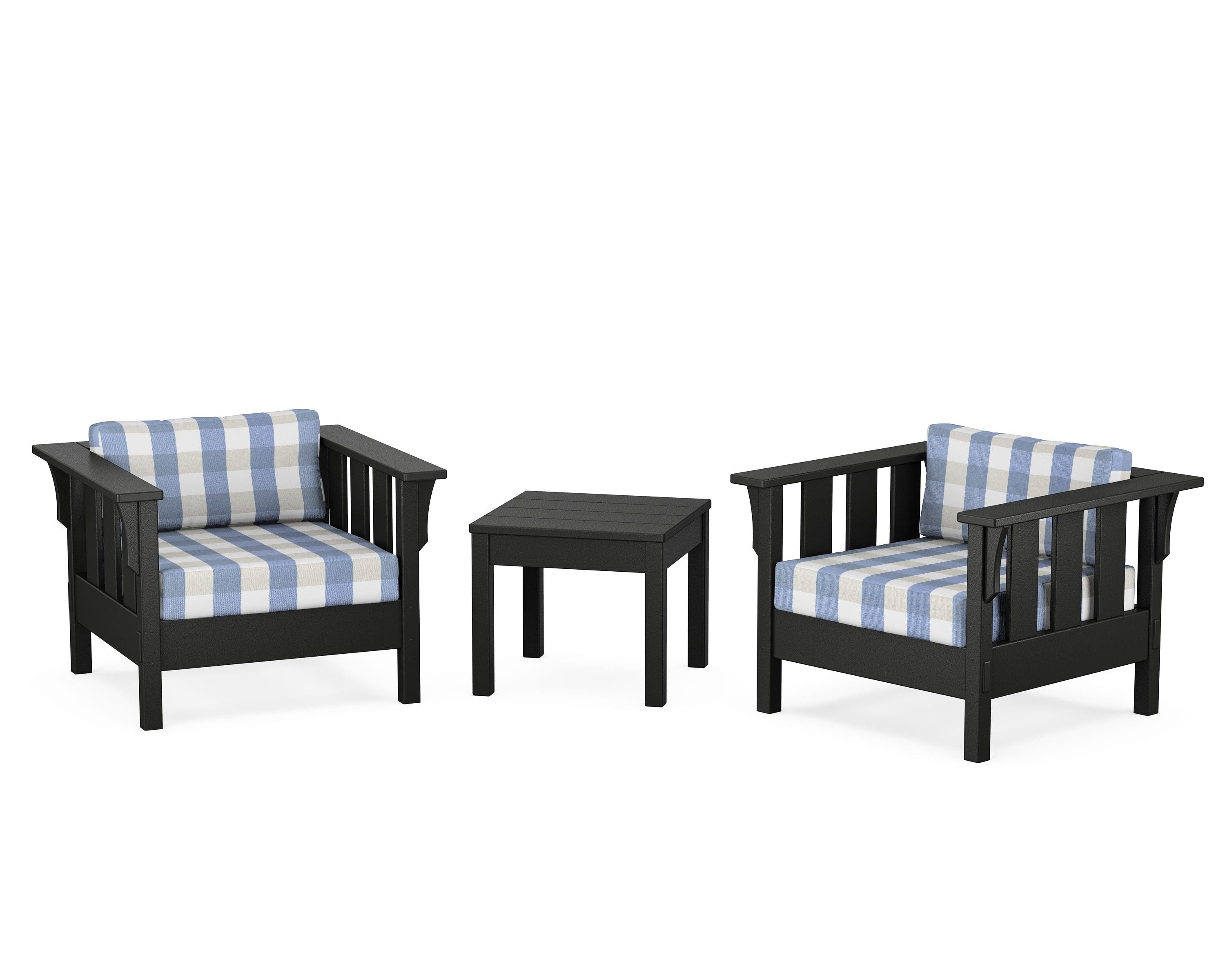 Martha Stewart by POLYWOOD® Acadia 3-Piece Deep Seating Set in Black / Buffalo Plaid Sky Blue