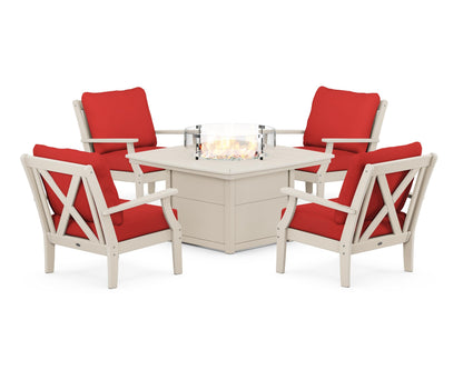 POLYWOOD® Braxton 5-Piece Deep Seating Conversation Set with Fire Pit Table in Sand / Crimson Linen