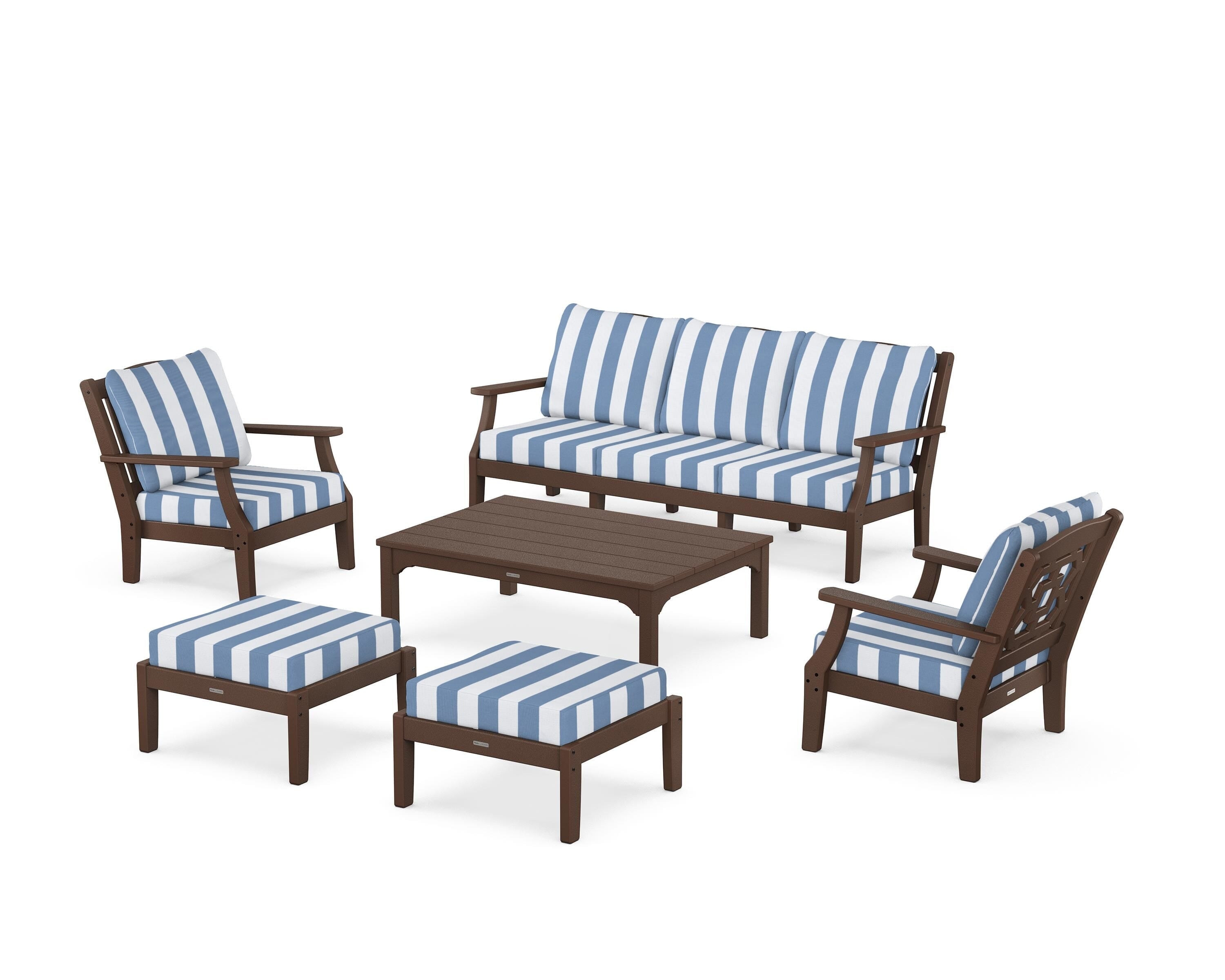 Martha Stewart by POLYWOOD® Chinoiserie 6-Piece Lounge Sofa Set in Mahogany / Cabana Stripe Sky Blue