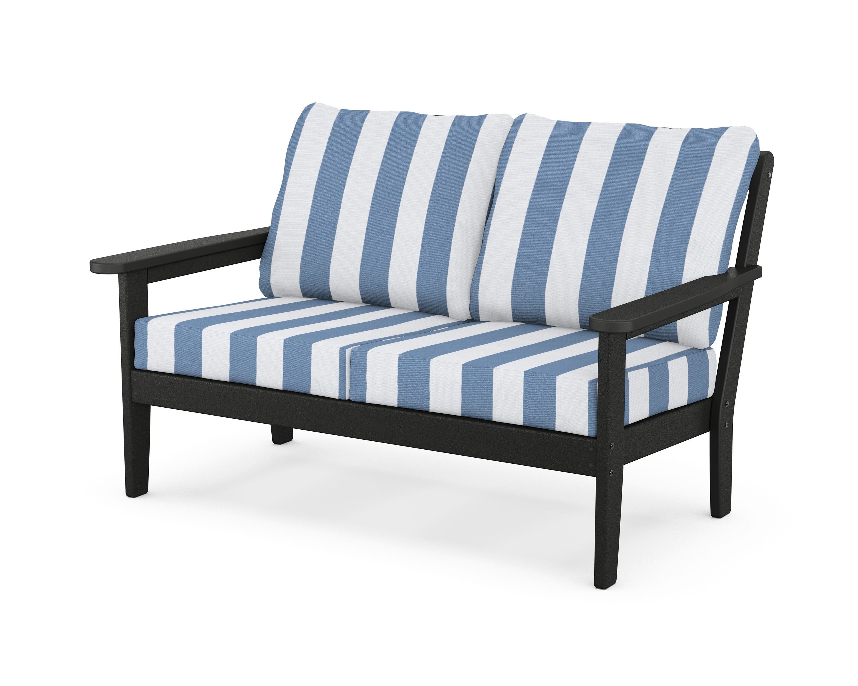 Country Living Cottage Deep Seating Loveseat in Black / Cabana Stripe Sky Blue