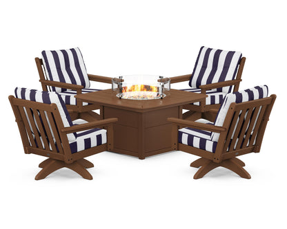 POLYWOOD® Vineyard 5-Piece Deep Seating Swivel Conversation Set with Fire Pit Table in Teak / Cabana Stripe Navy