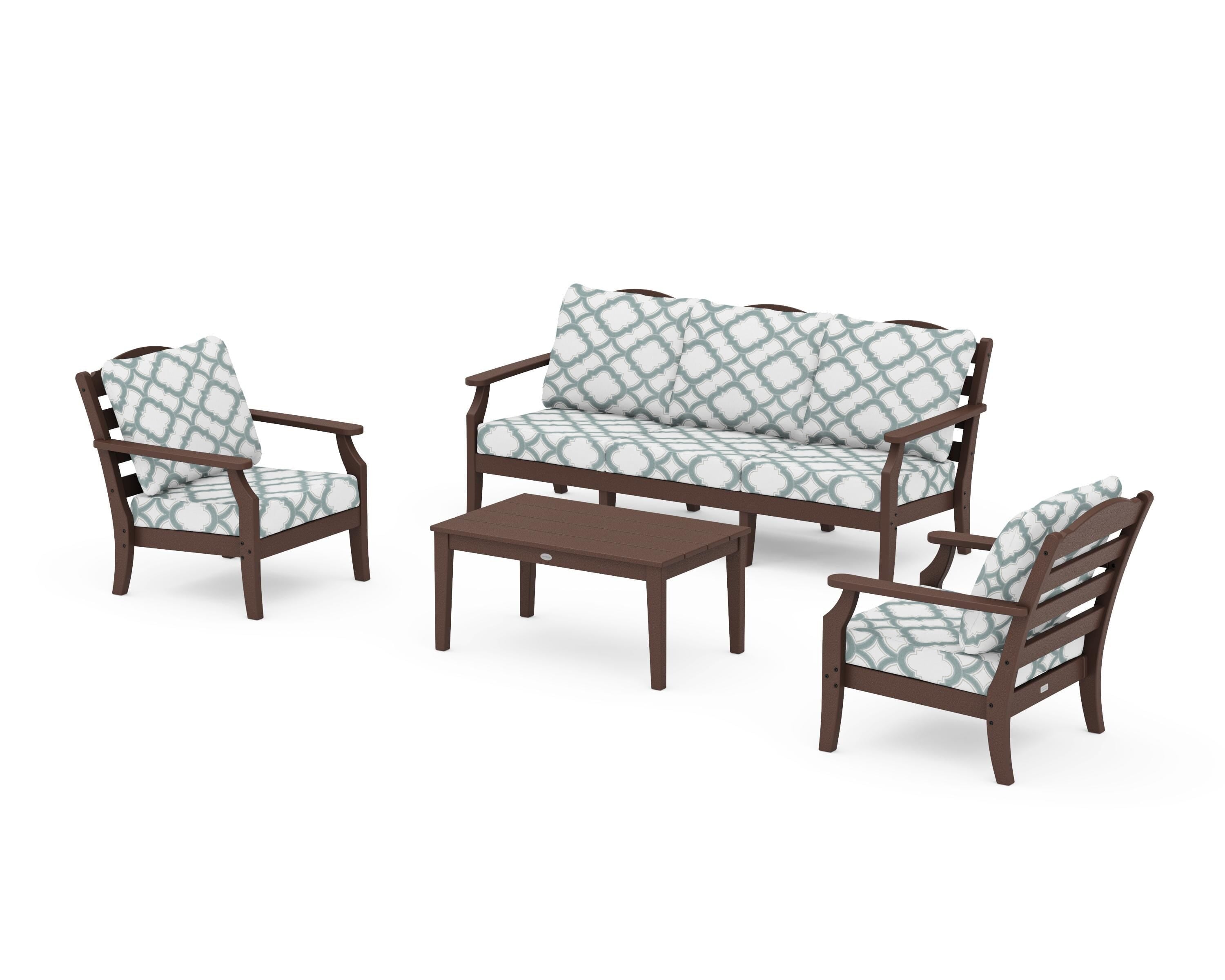 Draper James™ by  POLYWOOD® Savannah 4-Piece Deep Seating Set with Sofa in Mahogany / Trellis Glacier Spa