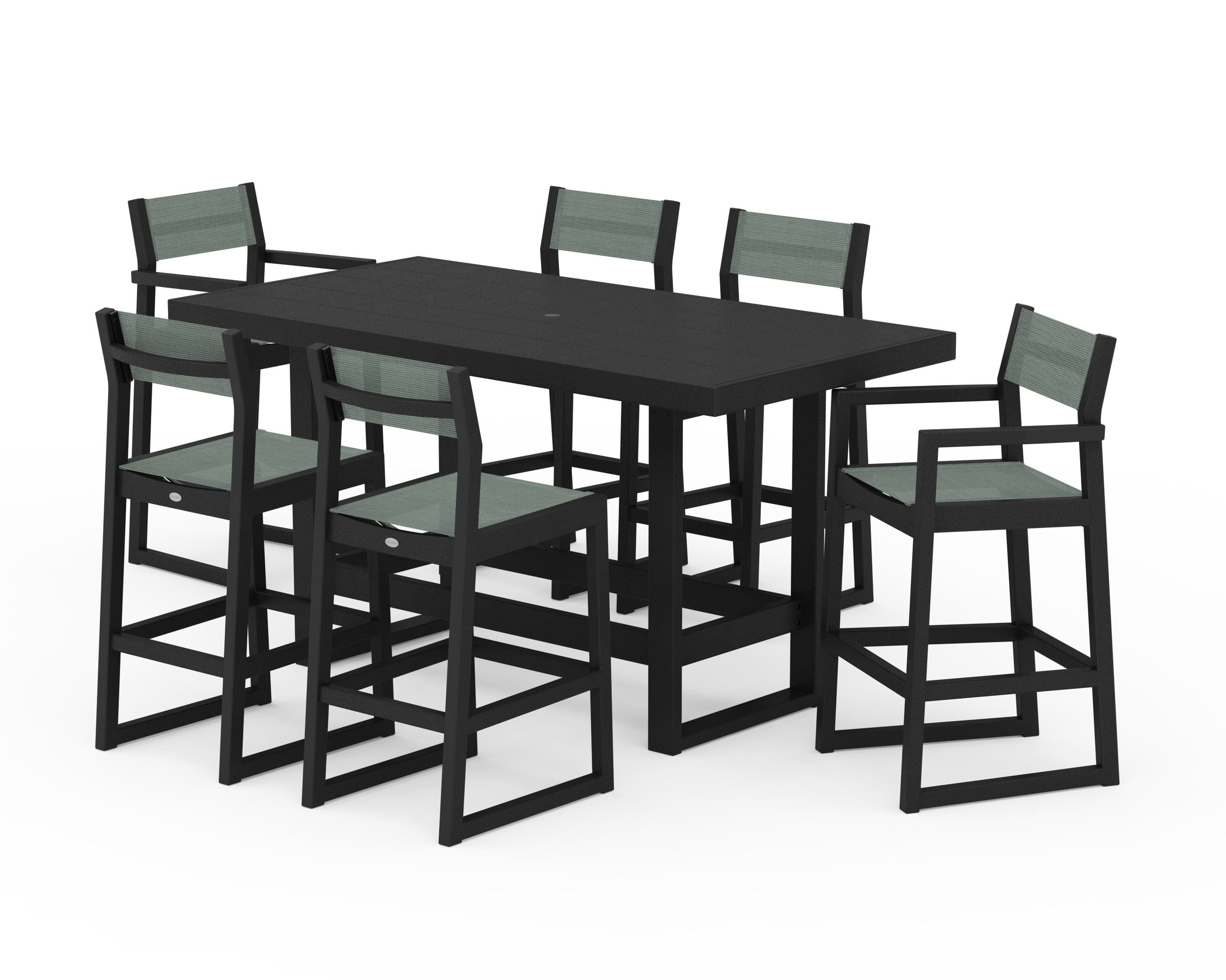POLYWOOD® EDGE Sling 7-Piece Bar Table Set in Black / Dupioni Sea Mist Sling