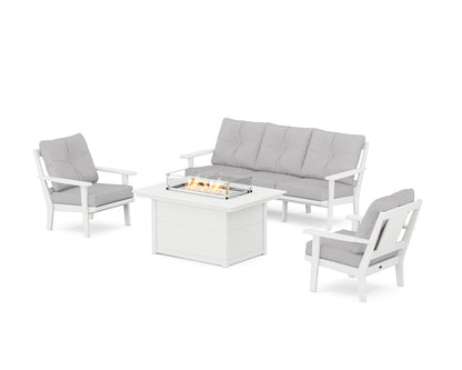 POLYWOOD® Prairie Deep Seating Fire Pit Table Set in White / Granite