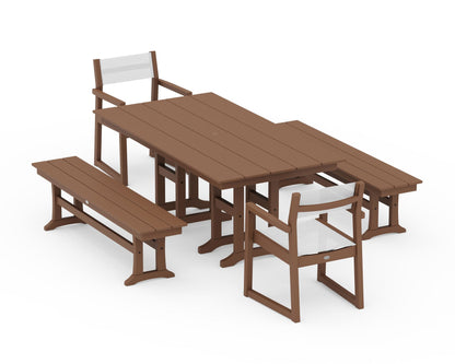POLYWOOD® EDGE Sling Arm Chair 5-Piece Farmhouse Dining Set with Benches in Teak / White Sling