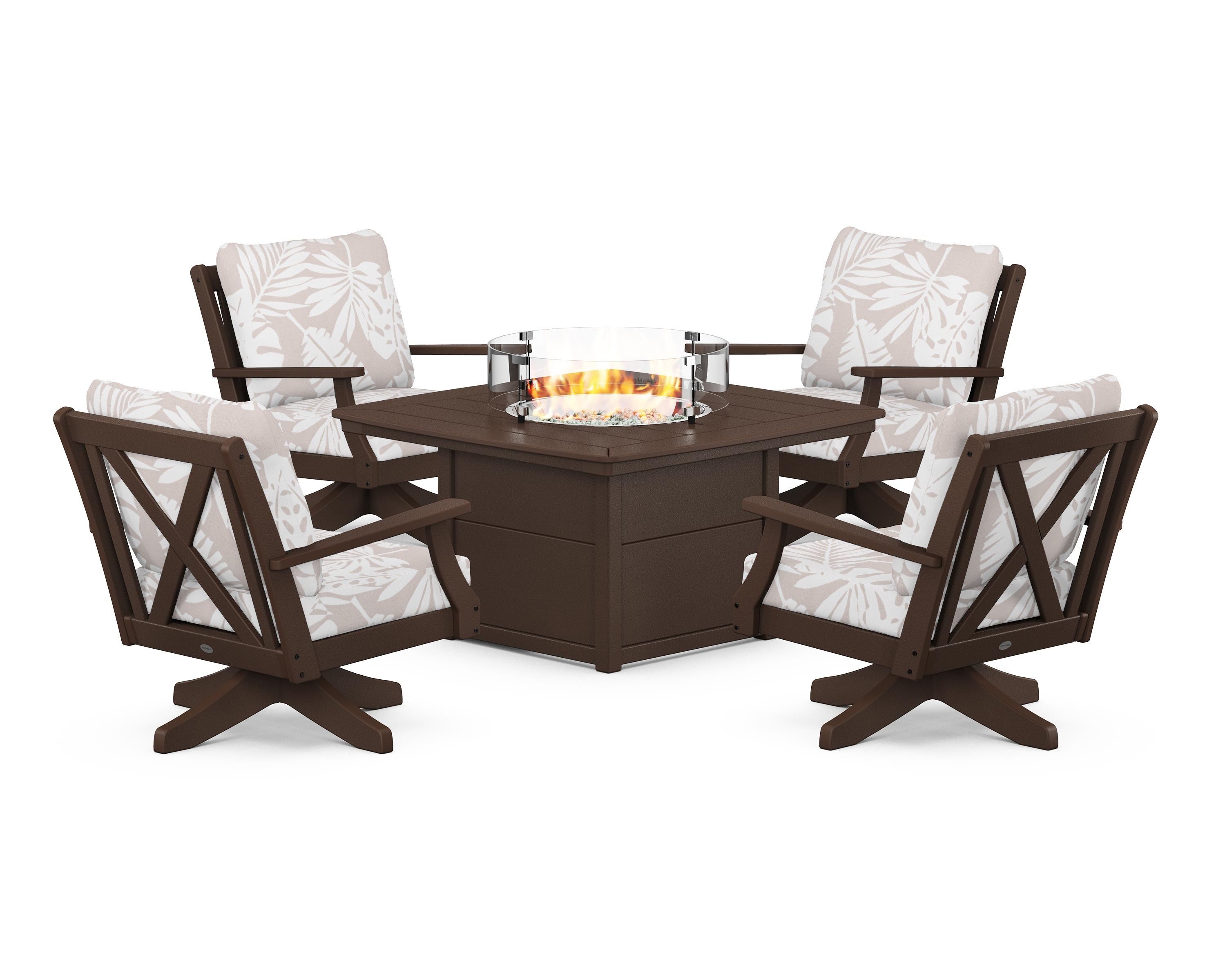 POLYWOOD® Braxton 5-Piece Deep Seating Swivel Conversation Set with Fire Pit Table in Mahogany / Leaf Dune Burlap