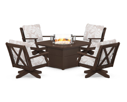 POLYWOOD® Braxton 5-Piece Deep Seating Swivel Conversation Set with Fire Pit Table in Mahogany / Leaf Dune Burlap