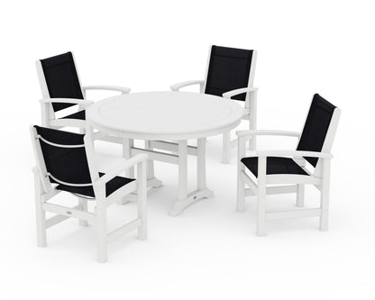POLYWOOD® Coastal 5-Piece Round Dining Set with Trestle Legs in White / Black Sling