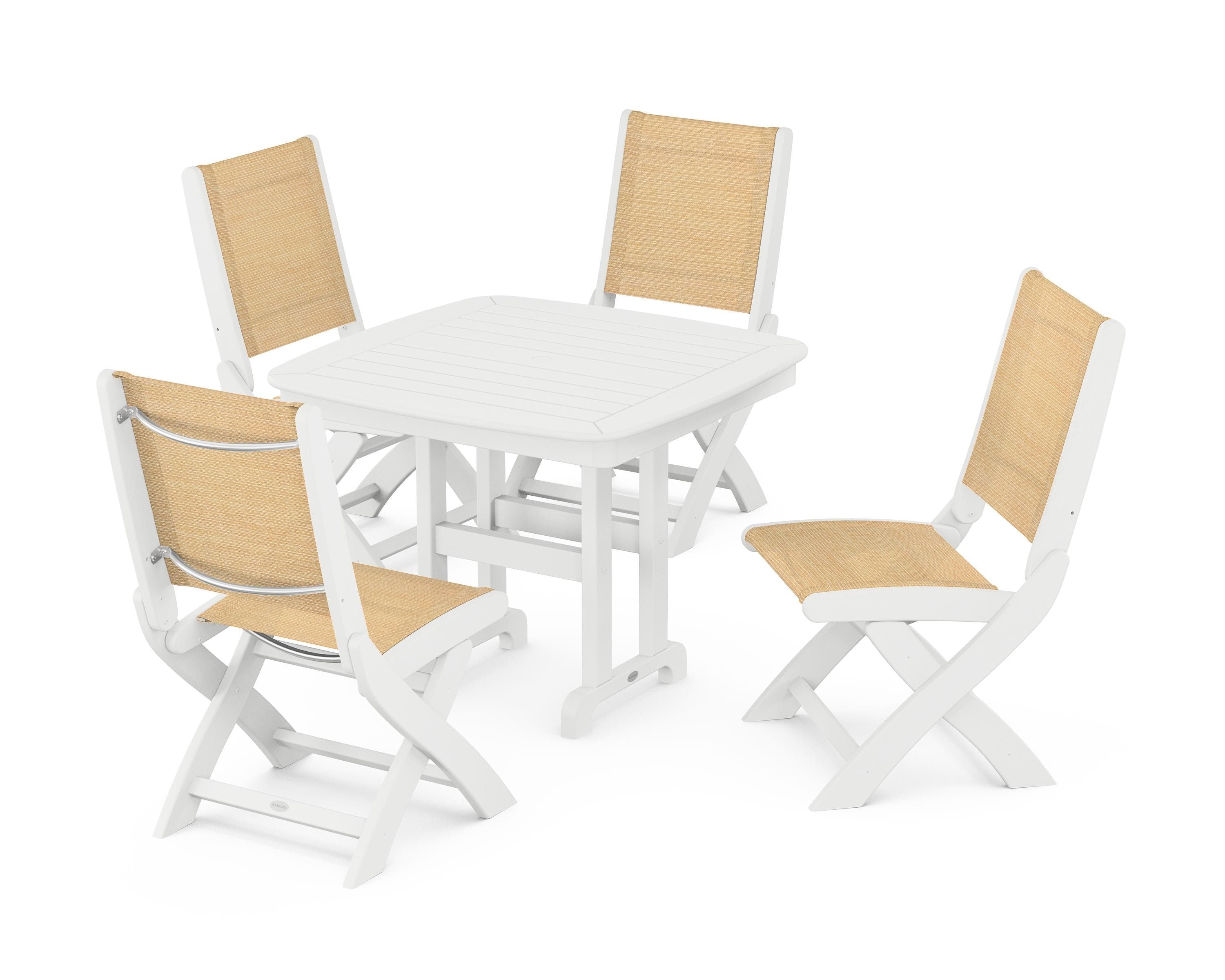 POLYWOOD® Coastal Folding Side Chair 5-Piece Dining Set in White / Dupioni Apricot Sling