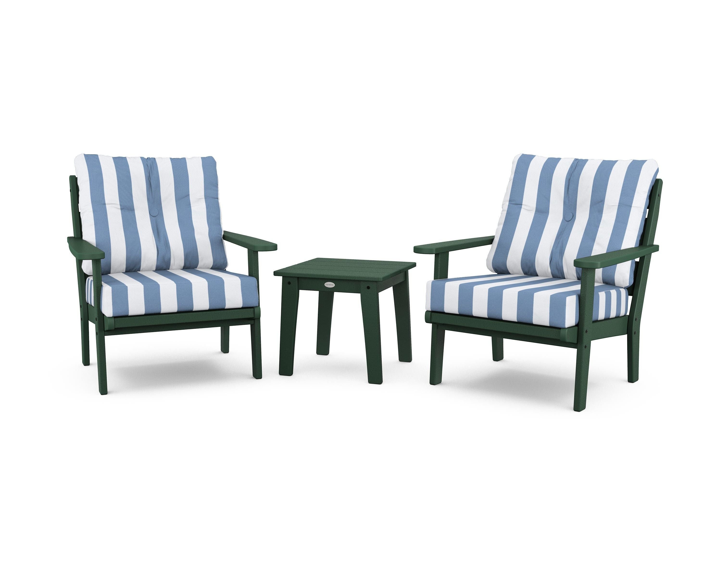 POLYWOOD® Lakeside 3-Piece Deep Seating Chair Set in Green / Cabana Stripe Sky Blue