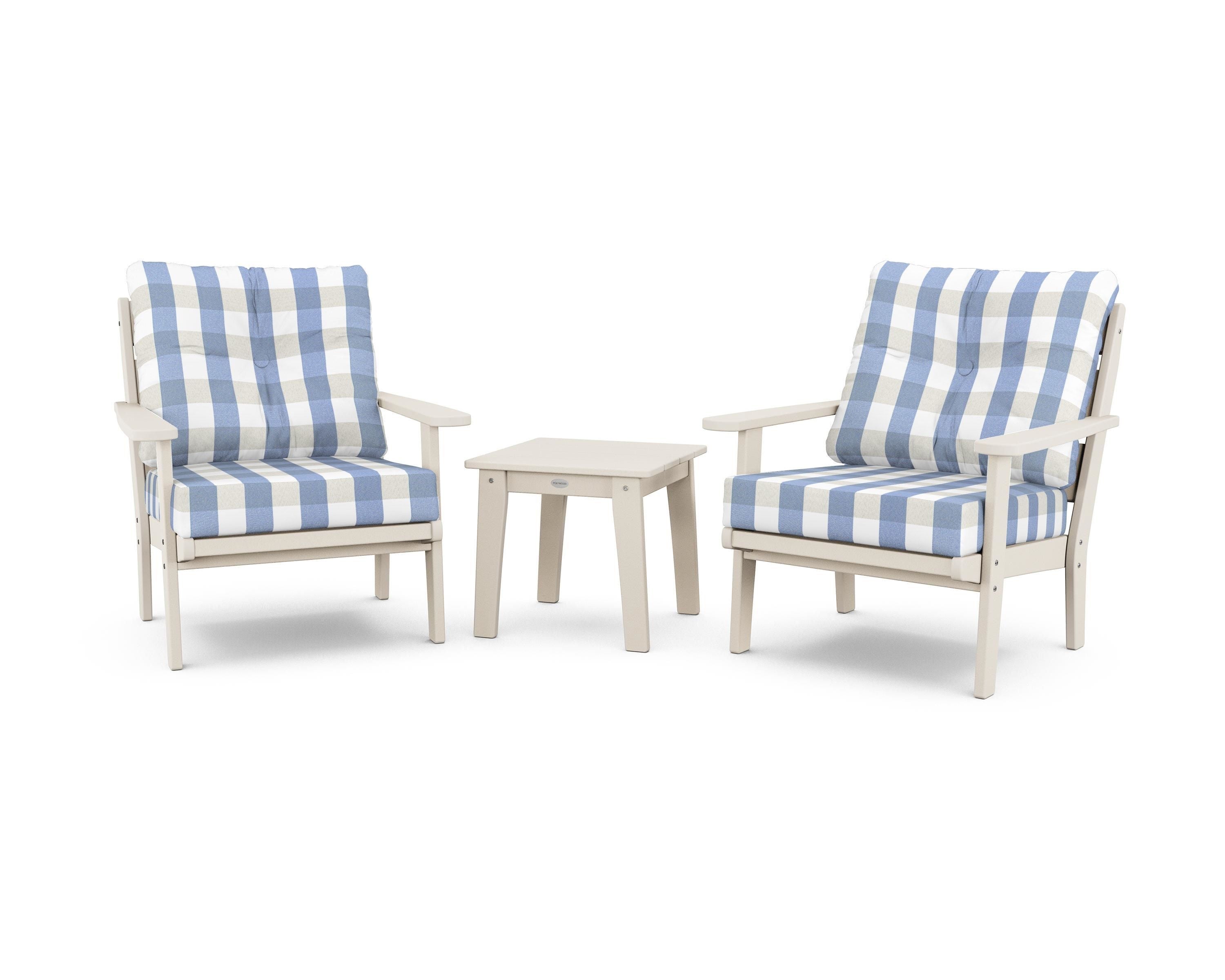 POLYWOOD® Lakeside 3-Piece Deep Seating Chair Set in Sand / Buffalo Plaid Sky Blue