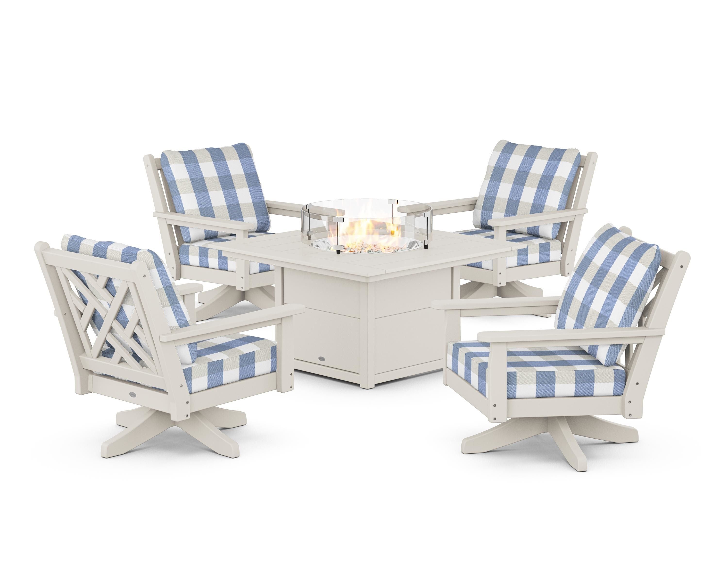POLYWOOD® Chippendale 5-Piece Deep Seating Swivel Conversation Set with Fire Pit Table in Sand / Buffalo Plaid Sky Blue