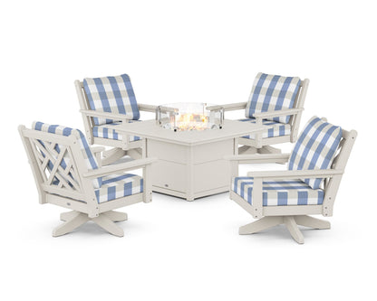 POLYWOOD® Chippendale 5-Piece Deep Seating Swivel Conversation Set with Fire Pit Table in Sand / Buffalo Plaid Sky Blue