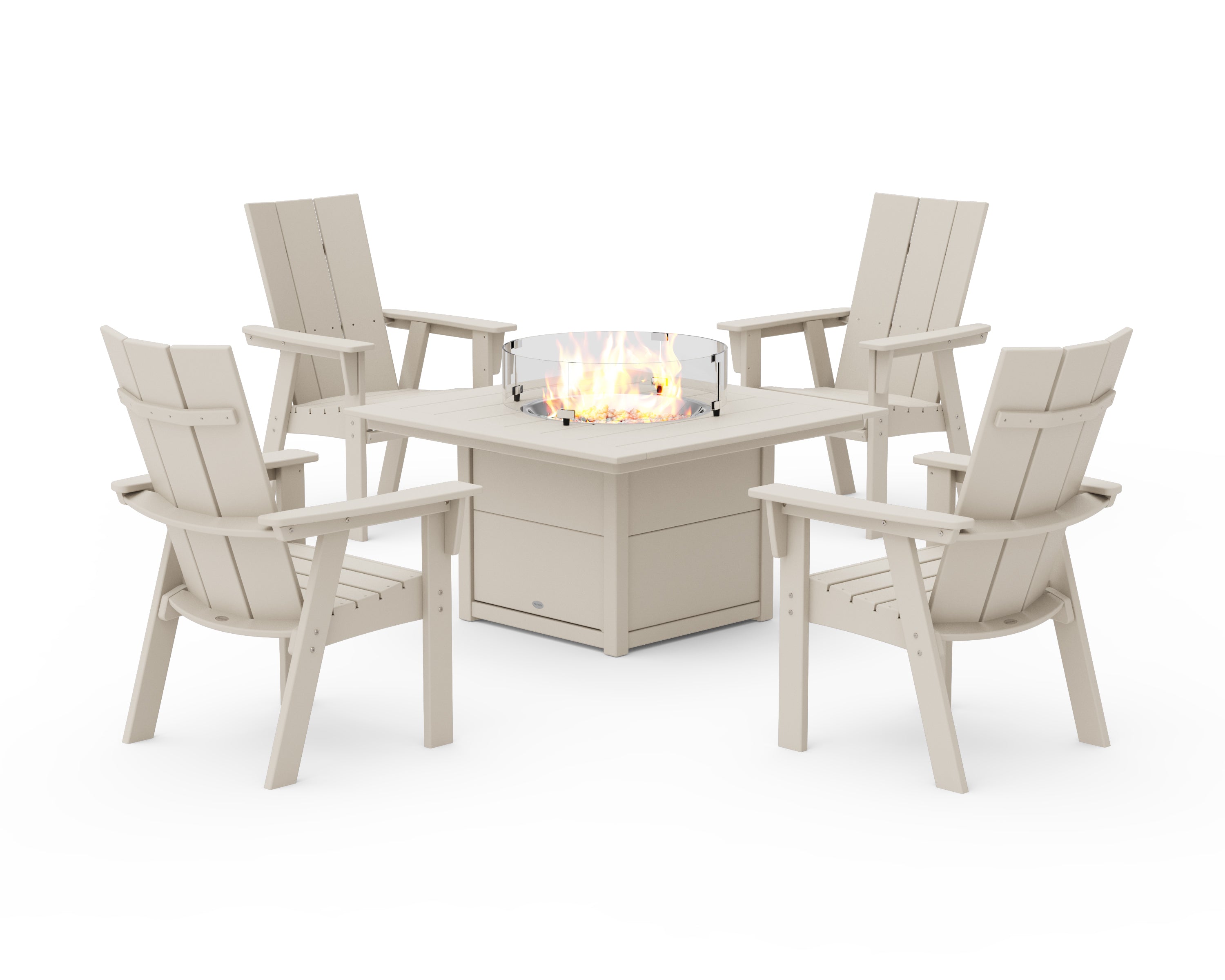 POLYWOOD® Modern 4-Piece Curveback Upright Adirondack Conversation Set with Fire Pit Table in Sand