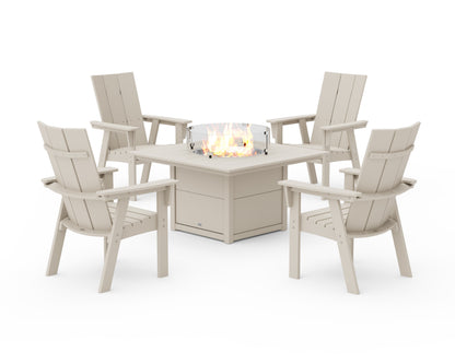 POLYWOOD® Modern 4-Piece Curveback Upright Adirondack Conversation Set with Fire Pit Table in Sand