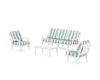 POLYWOOD® Prairie 4-Piece Deep Seating Set with Sofa in White / Cabana Stripe Glacier Spa