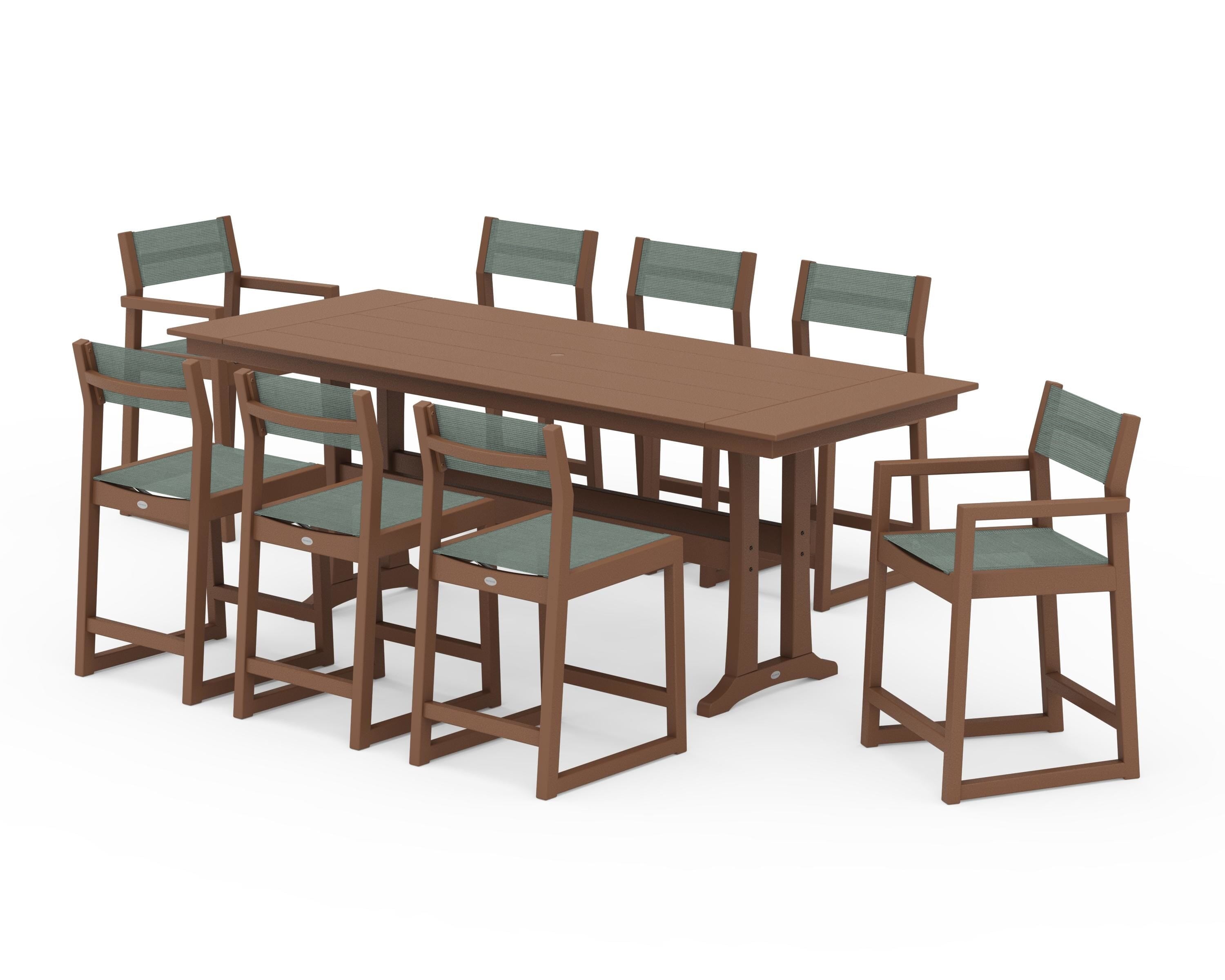 POLYWOOD® EDGE Sling 9-Piece Farmhouse Counter Set with Trestle Legs in Teak / Dupioni Sea Mist Sling