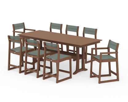 POLYWOOD® EDGE Sling 9-Piece Farmhouse Counter Set with Trestle Legs in Teak / Dupioni Sea Mist Sling