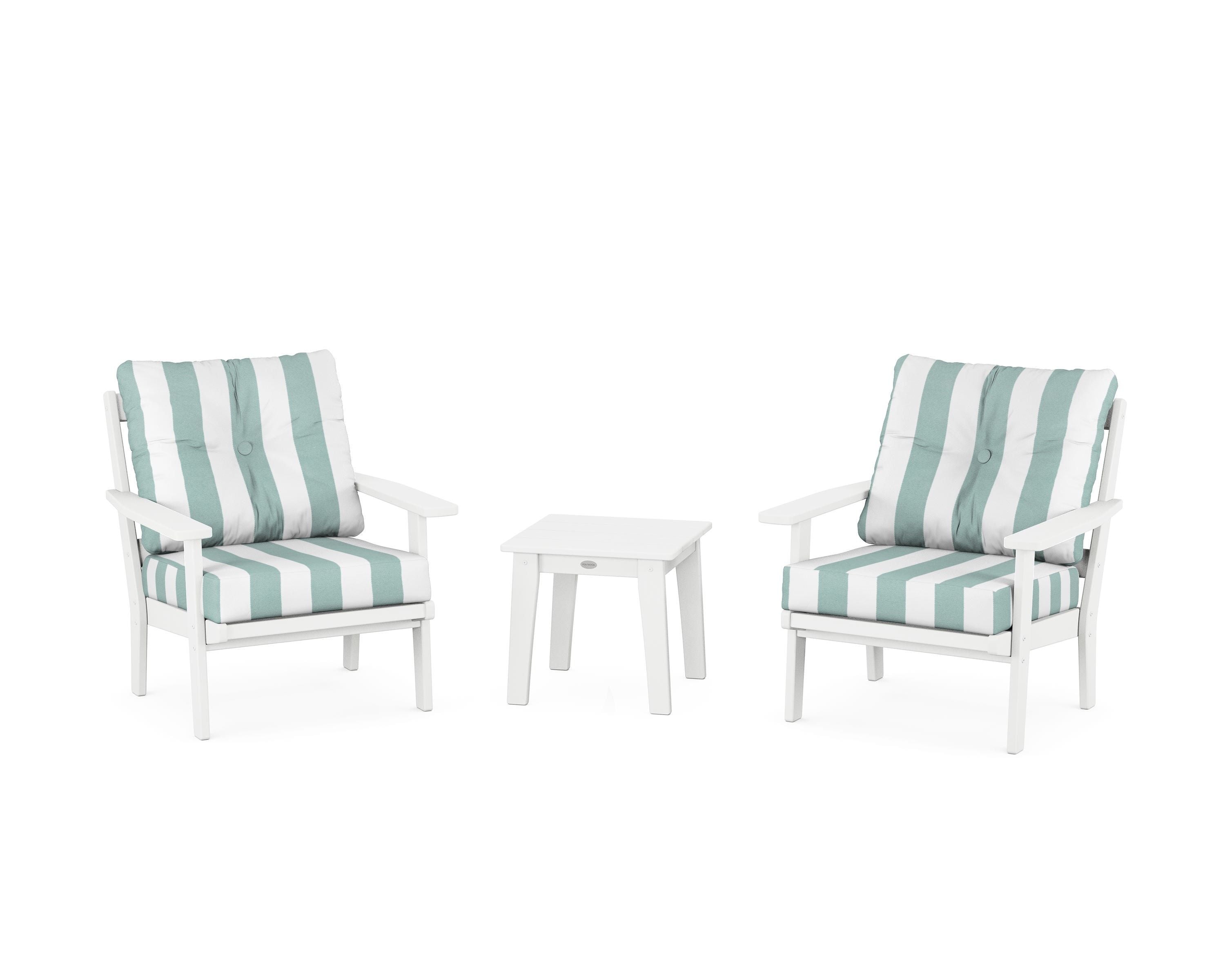 POLYWOOD® Oxford 3-Piece Deep Seating Set in White / Cabana Stripe Glacier Spa