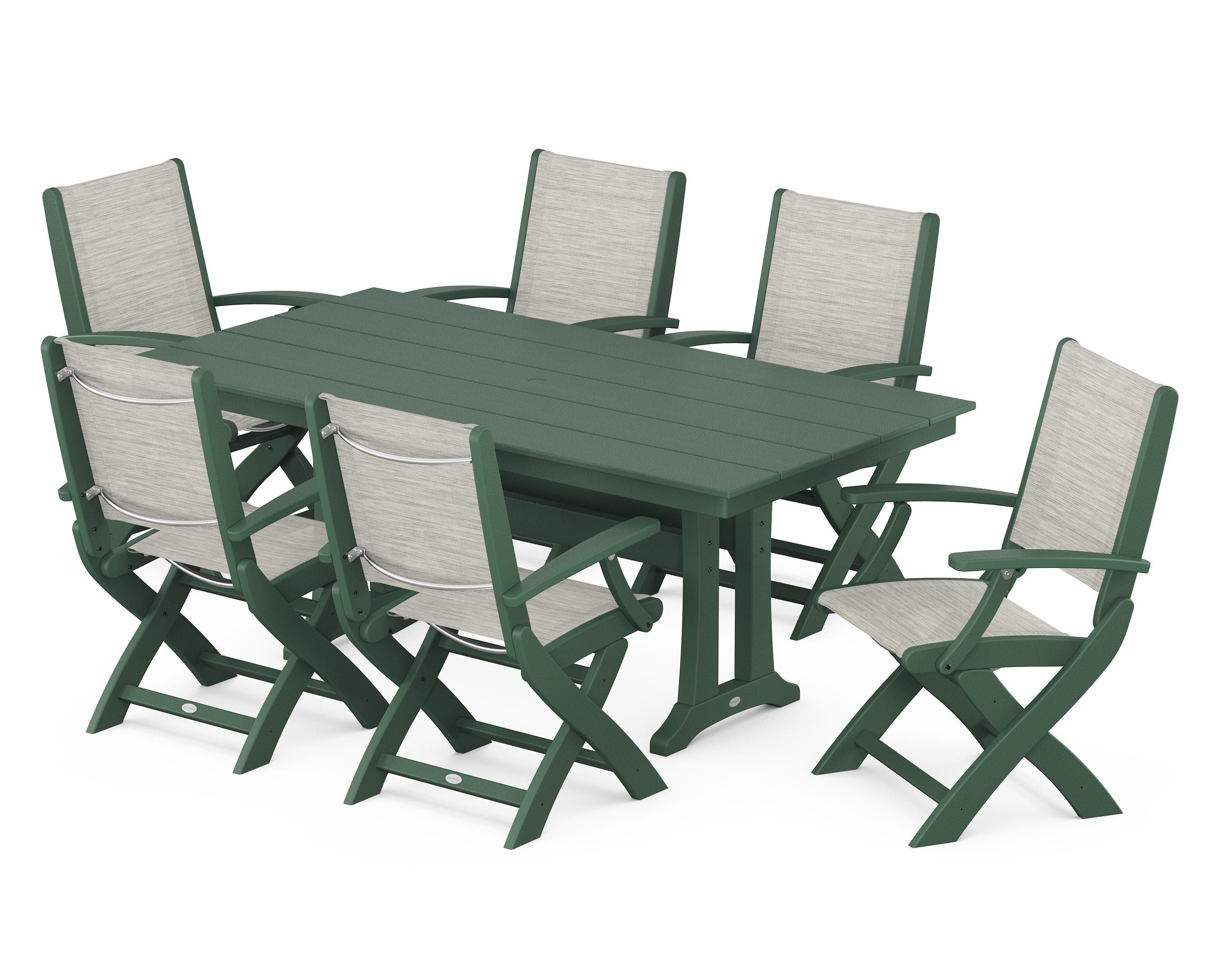 POLYWOOD® Coastal Folding Arm Chair 7-Piece Farmhouse Dining Set with Trestle Legs in Green / Birch Sling