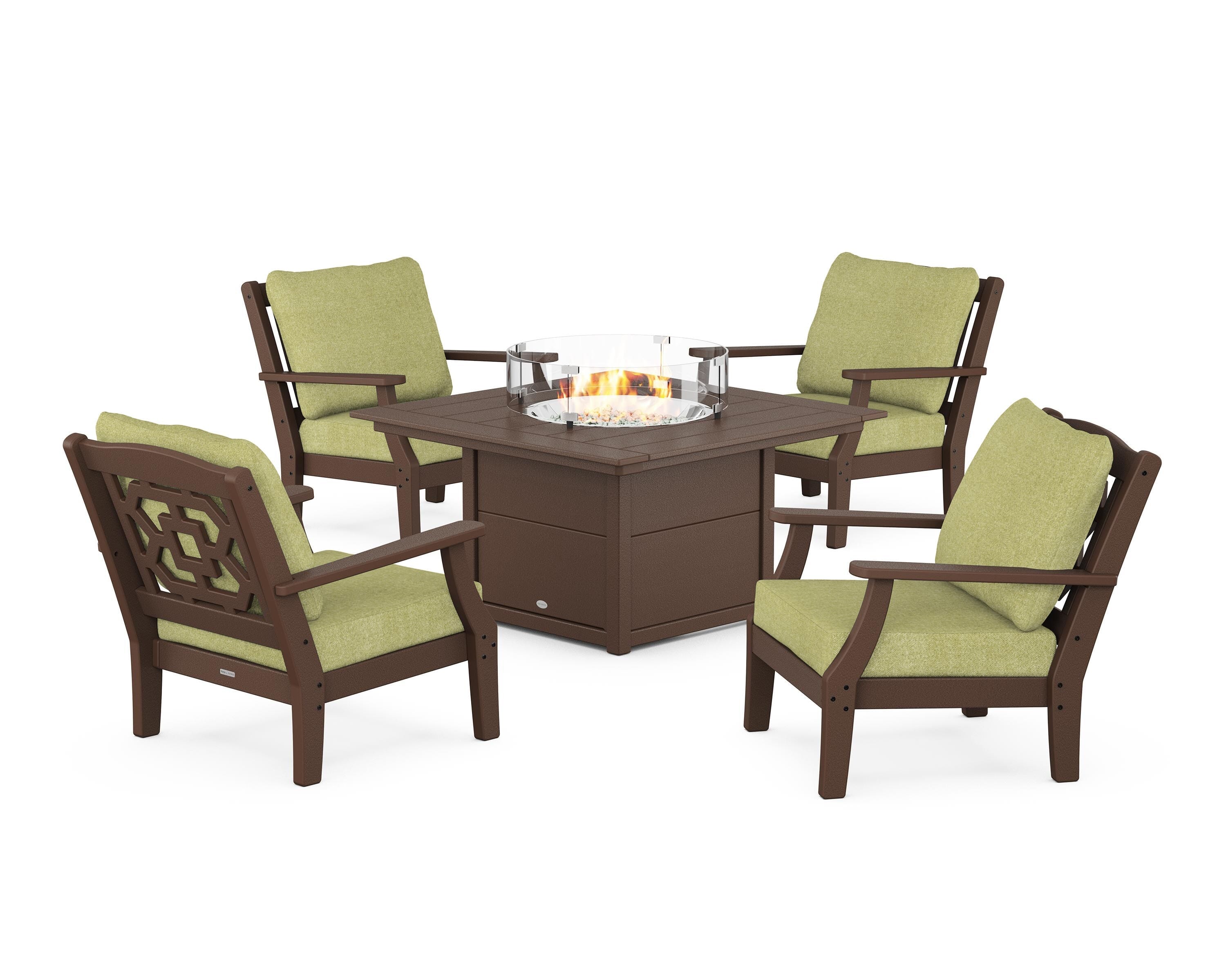 Martha Stewart by POLYWOOD® Chinoiserie 5-Piece Deep Seating Set with Fire Pit Table in Mahogany / Chartreuse Boucle